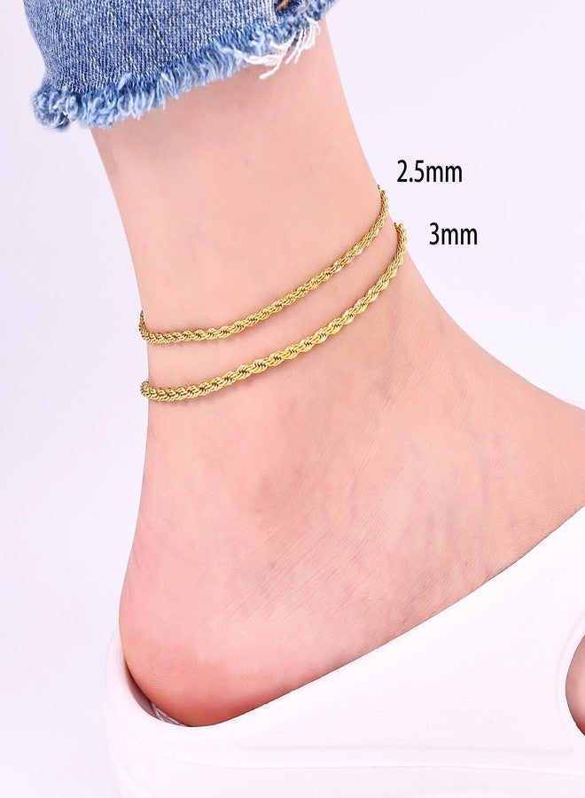 Fiusem 18K Gold Plated Anklet for Women, 3mm 18K Gold Plated Stainless Steel Braided Rope Anklet, Women's Anklets 9" - Image 4